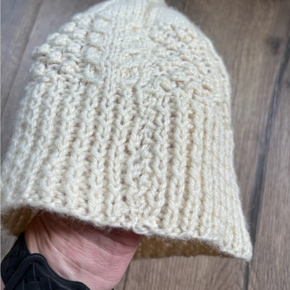 Handknit Wool Beanie with Pom – Cream Cable Knit Woodsy Cottagecore